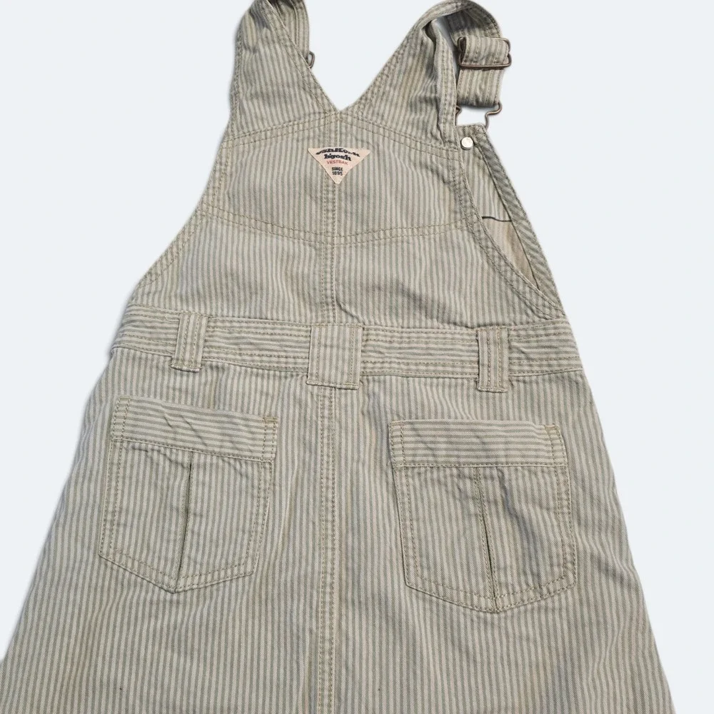 Vintage OshKosh Bgosh Hickory Stripe Overall Dress Sage Green Denim Jumper 4T